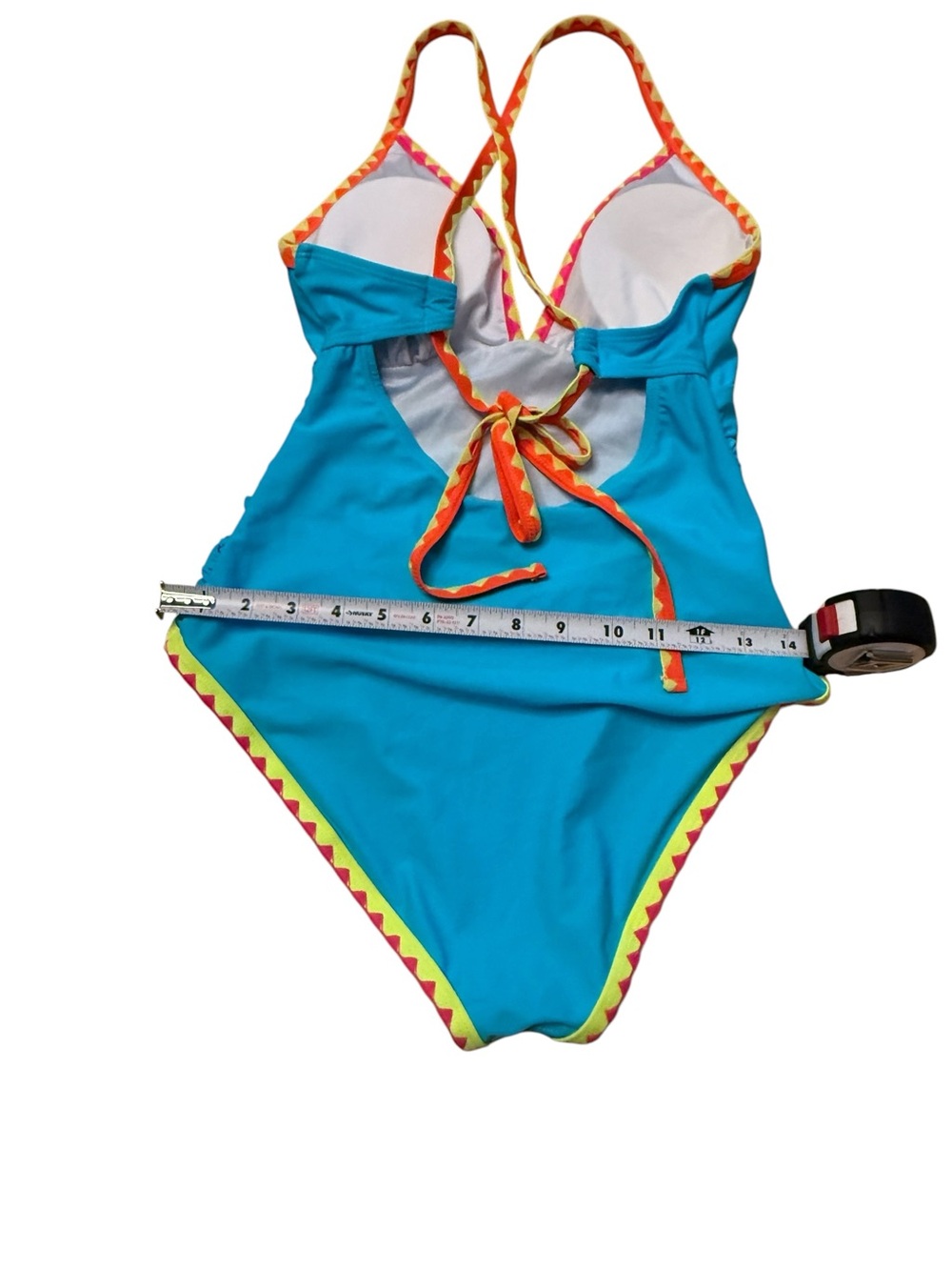 Turquoise One-Piece Swimsuit with Contrasting Pink Trim with Tummy Control - Picture 4 of 5